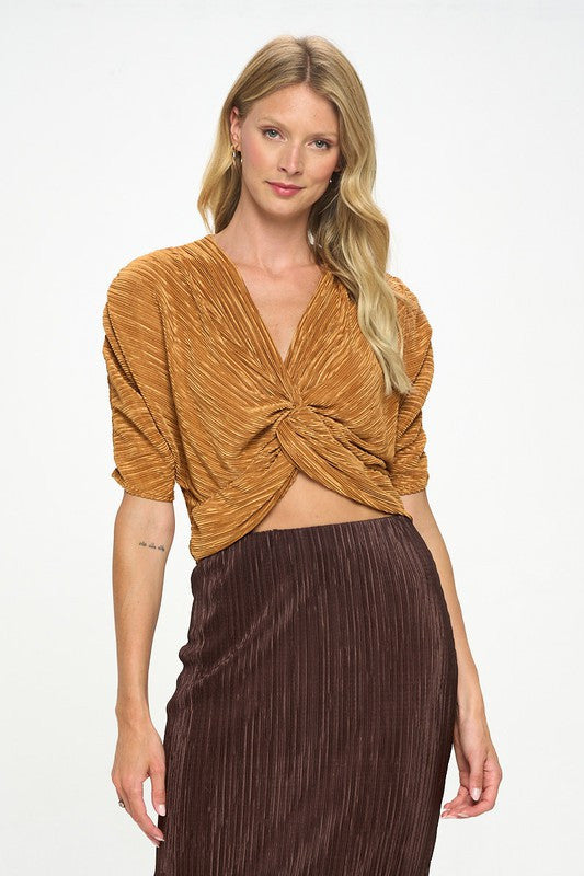 Plisse Mid Scrunched Sleeve Top with Front Twist-New Arrival-Reneecollection-Small-CARAMEL-Urbanheer