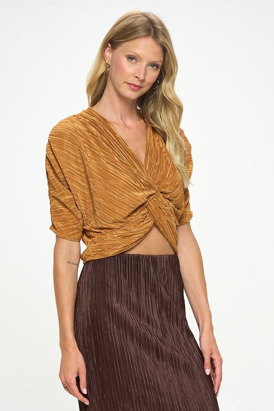 Plisse Mid Scrunched Sleeve Top with Front Twist-New Arrival-Reneecollection-Small-CARAMEL-Urbanheer