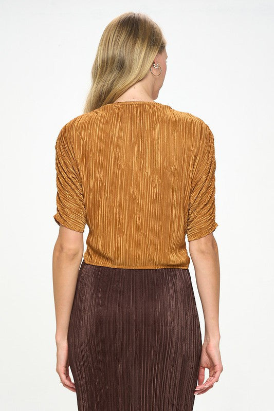 Plisse Mid Scrunched Sleeve Top with Front Twist-New Arrival-Reneecollection-Small-CARAMEL-Urbanheer