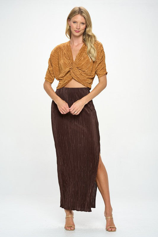Plisse Mid Scrunched Sleeve Top with Front Twist-New Arrival-Reneecollection-Small-CARAMEL-Urbanheer