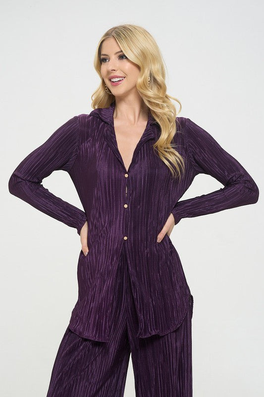 Plisse Solid Button Down Top with Collar-New Arrival-Reneecollection-Small-PURPLE-Urbanheer