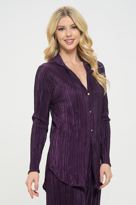 Plisse Solid Button Down Top with Collar-New Arrival-Reneecollection-Small-PURPLE-Urbanheer