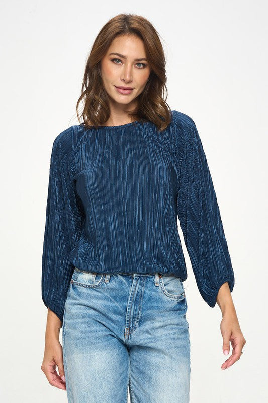Plisse Solid Round neck Top with 3/4 Sleeve-New Arrival-Reneecollection-Small-NAVY-Urbanheer