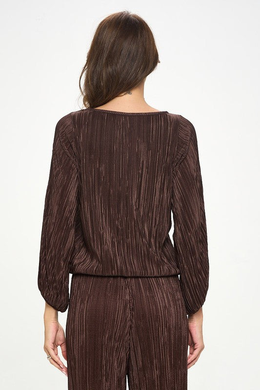 Plisse Solid Round neck Top with 3/4 Sleeve-New Arrival-Reneecollection-Small-BROWN-Urbanheer
