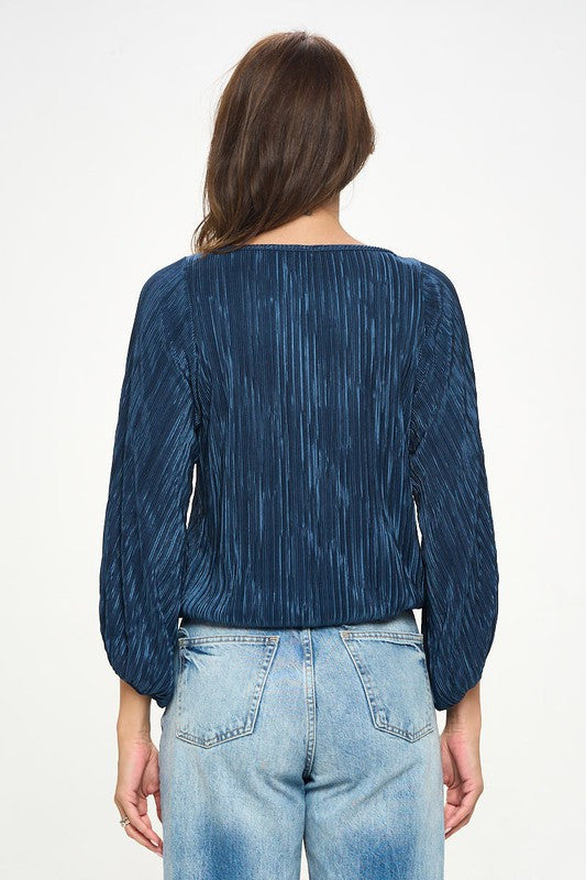 Plisse Solid Round neck Top with 3/4 Sleeve-New Arrival-Reneecollection-Small-NAVY-Urbanheer