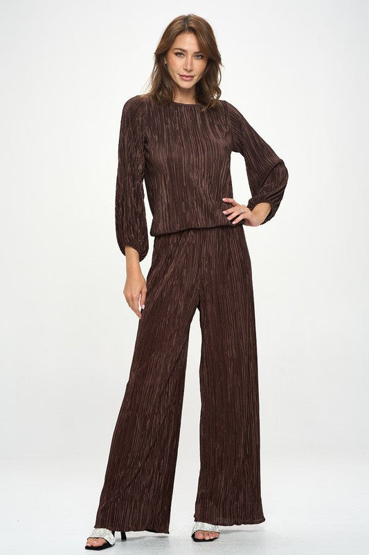 Plisse Solid Round neck Top with 3/4 Sleeve-New Arrival-Reneecollection-Small-BROWN-Urbanheer