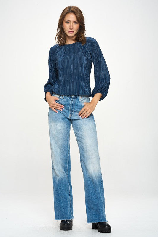 Plisse Solid Round neck Top with 3/4 Sleeve-New Arrival-Reneecollection-Small-NAVY-Urbanheer