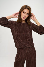 Plisse Solid Round neck Top with 3/4 Sleeve-New Arrival-Reneecollection-Small-BROWN-Urbanheer