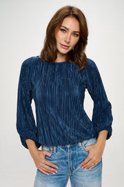 Plisse Solid Round neck Top with 3/4 Sleeve-New Arrival-Reneecollection-Small-NAVY-Urbanheer