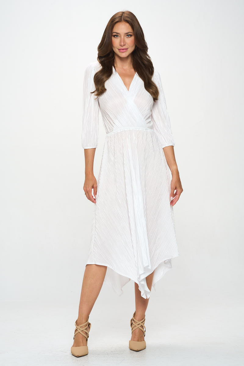 Plisse V neck Dress with Asymmetrical Hem-New Arrival-Reneecollection-Small-WHITE-Urbanheer