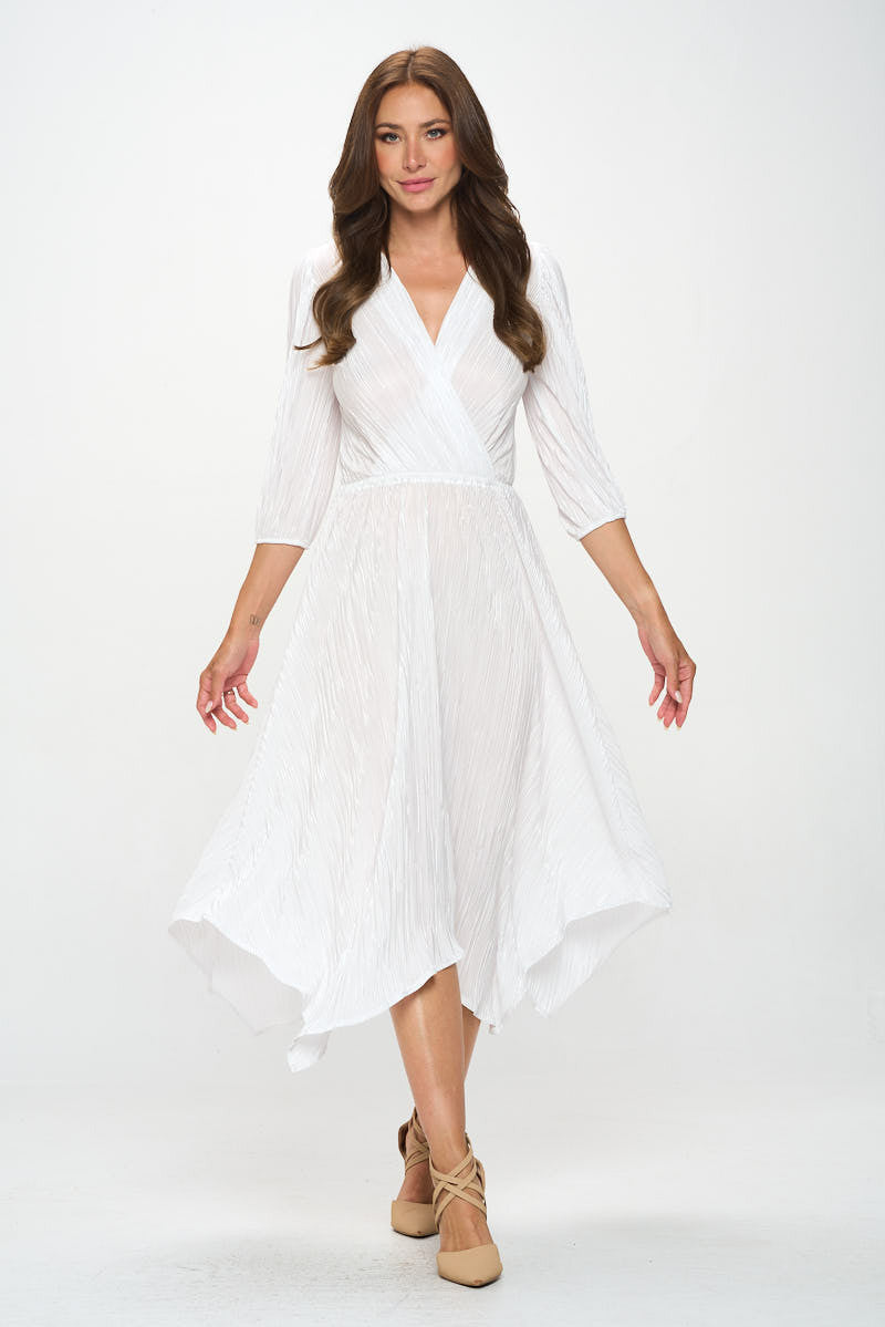 Plisse V neck Dress with Asymmetrical Hem-New Arrival-Reneecollection-Small-WHITE-Urbanheer