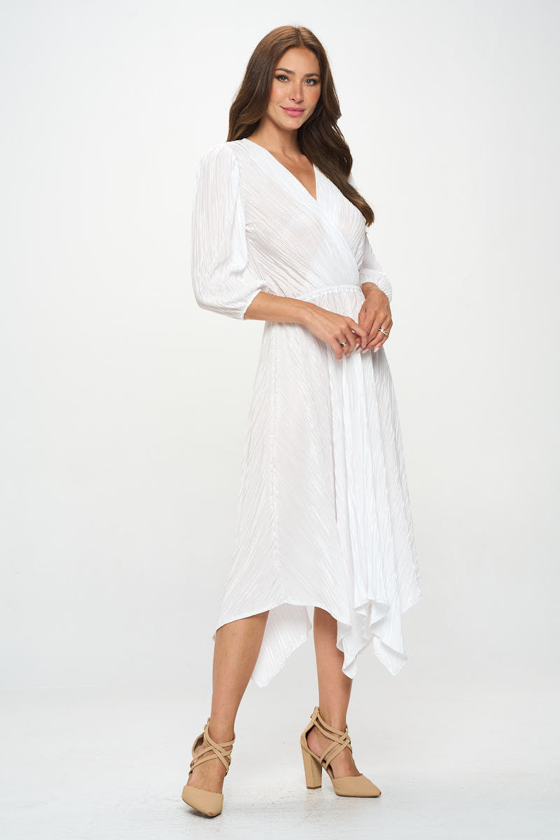 Plisse V neck Dress with Asymmetrical Hem-New Arrival-Reneecollection-Small-WHITE-Urbanheer