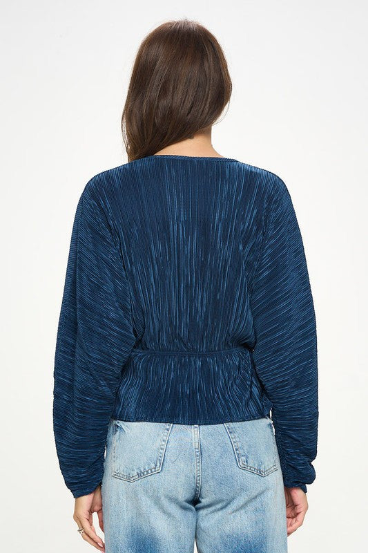 Plisse V neck Top with Balloon Dolman Sleeve-New Arrival-Reneecollection-Small-NAVY-Urbanheer