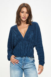 Plisse V neck Top with Balloon Dolman Sleeve-New Arrival-Reneecollection-Small-NAVY-Urbanheer