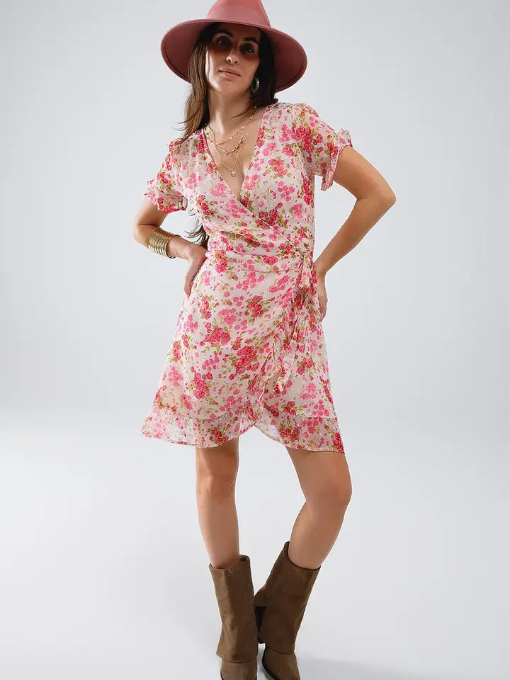 Plumetti Short Wrap Dress in Pink Floral Print-Dress-Q2-S-Pink-Urbanheer