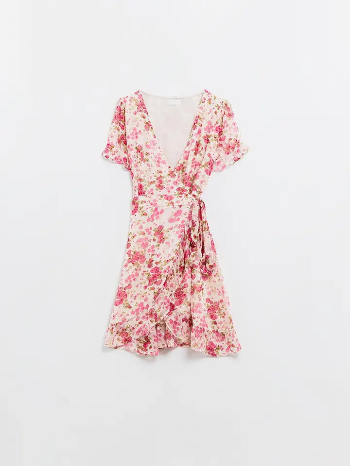 Plumetti Short Wrap Dress in Pink Floral Print-Dress-Q2-S-Pink-Urbanheer