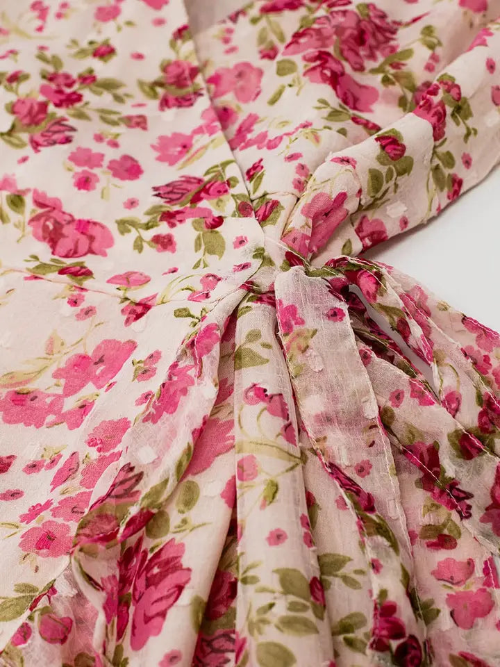 Plumetti Short Wrap Dress in Pink Floral Print-Dress-Q2-S-Pink-Urbanheer