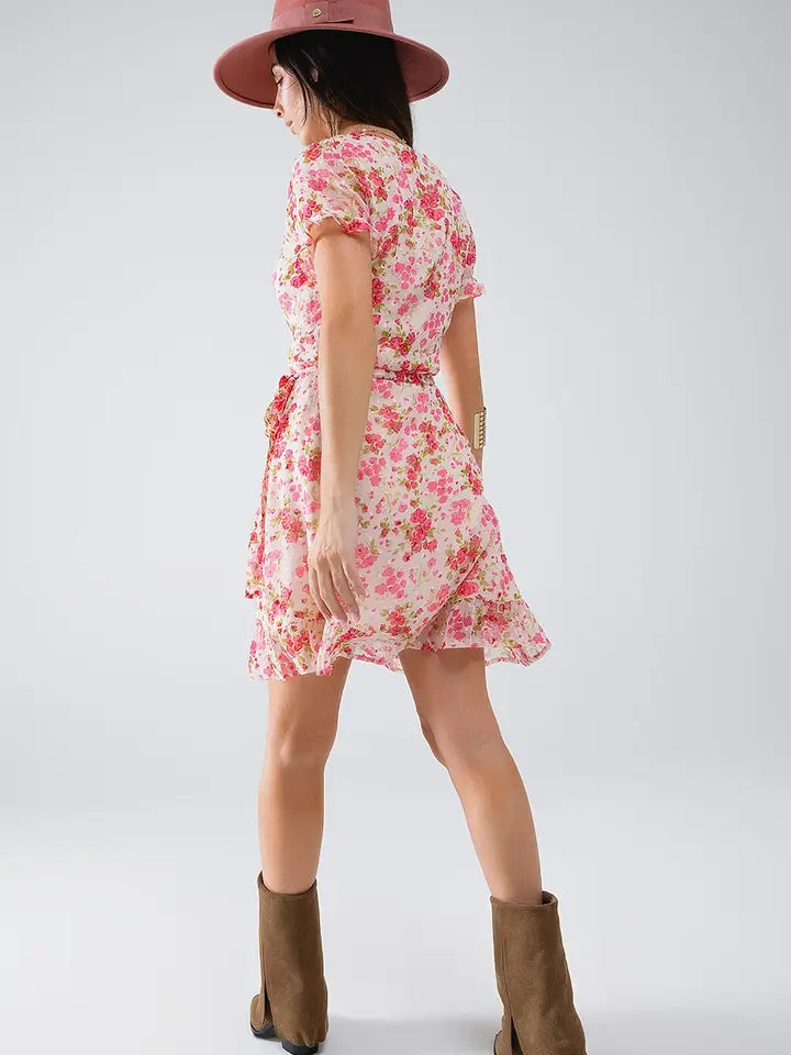 Plumetti Short Wrap Dress in Pink Floral Print-Dress-Q2-S-Pink-Urbanheer