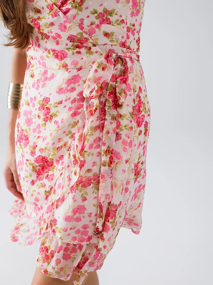 Plumetti Short Wrap Dress in Pink Floral Print-Dress-Q2-S-Pink-Urbanheer