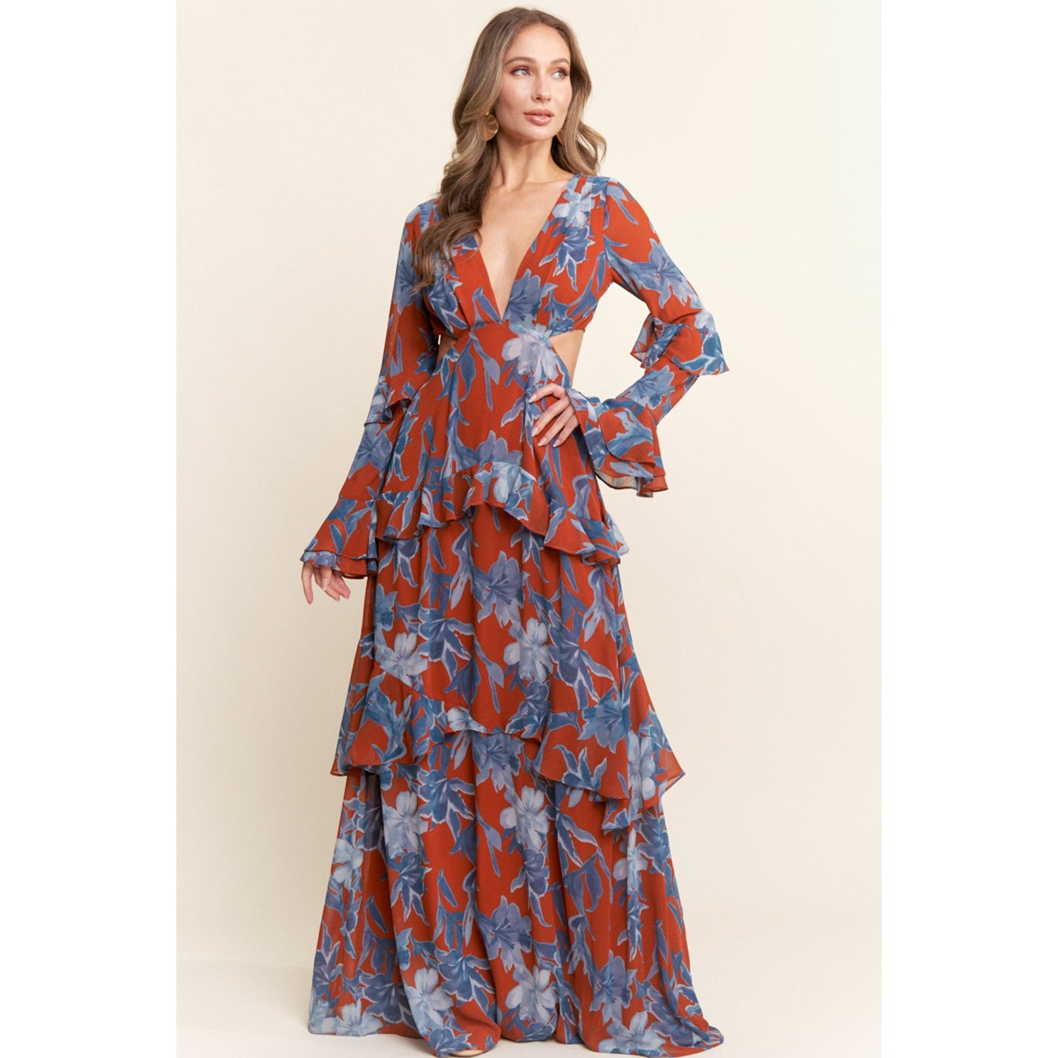 Plunging Deep V Neckline Maxi Dress | Orange