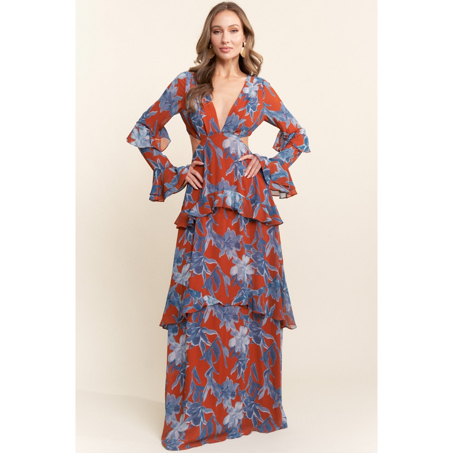 Plunging Deep V Neckline Maxi Dress | Orange