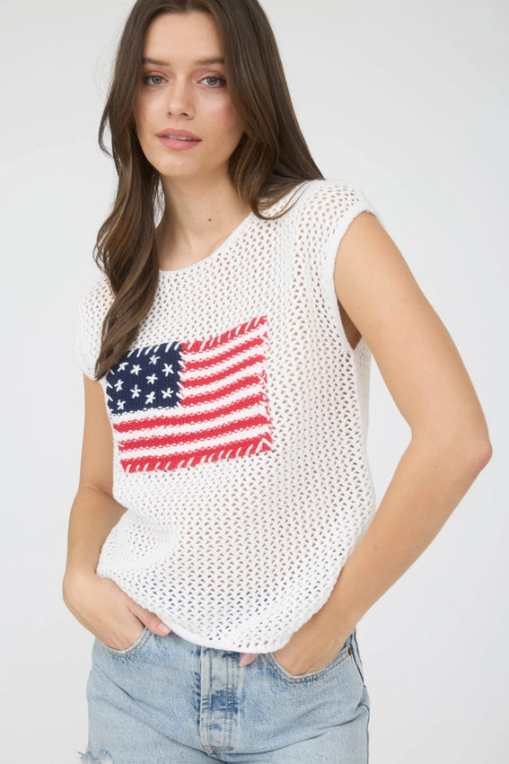 Plus American Flag Crochet Knit Sweater Top IVORY-TOP-Blu Pepper-1X-IVORY-Urbanheer