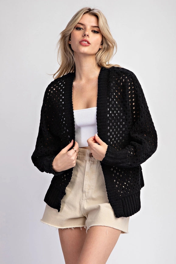 Plus - Long Sleeve Crochet Open Front Cardigan BLACK-Cardigans-Peace Love Line-XL/1XL-Urbanheer