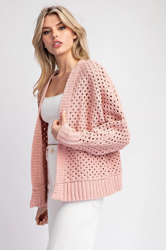 Plus - Long Sleeve Crochet Open Front Cardigan DUSTY ROSE-Cardigans-Peace Love Line-XL/1XL-Urbanheer