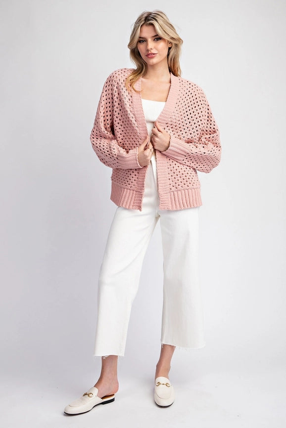 Plus - Long Sleeve Crochet Open Front Cardigan DUSTY ROSE-Cardigans-Peace Love Line-XL/1XL-Urbanheer