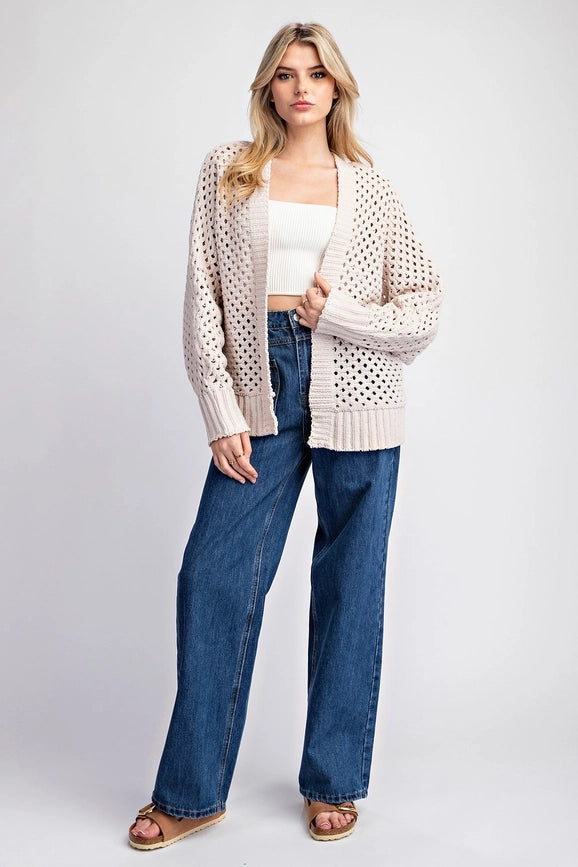 Plus - Long Sleeve Crochet Open Front Cardigan SAND-Cardigans-Peace Love Line-XL/1XL-Urbanheer