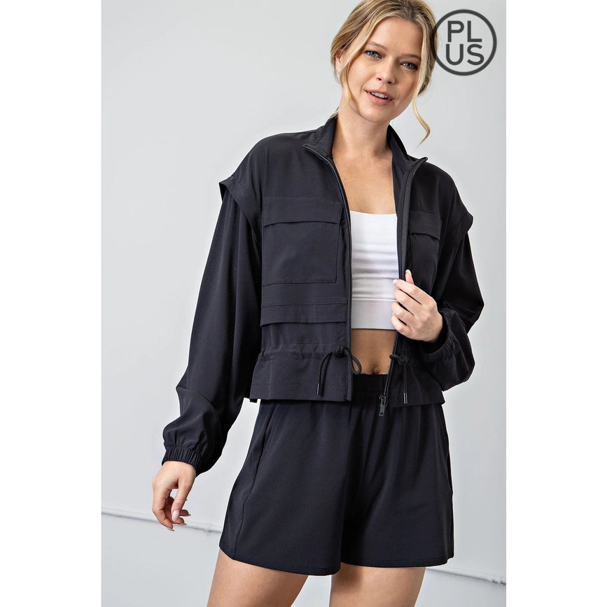 Plus Size Crinkle Woven Cropped Jacket Black-Jacket-Rae Mode-1X-Black-Urbanheer
