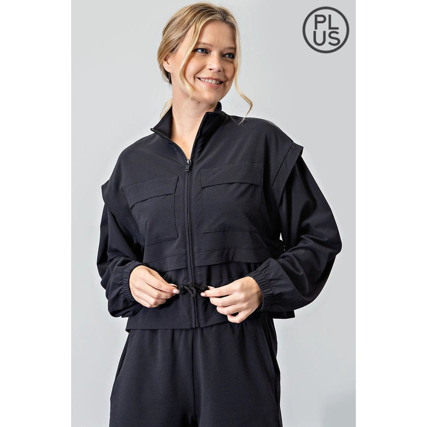 Plus Size Crinkle Woven Cropped Jacket Black-Jacket-Rae Mode-1X-Black-Urbanheer