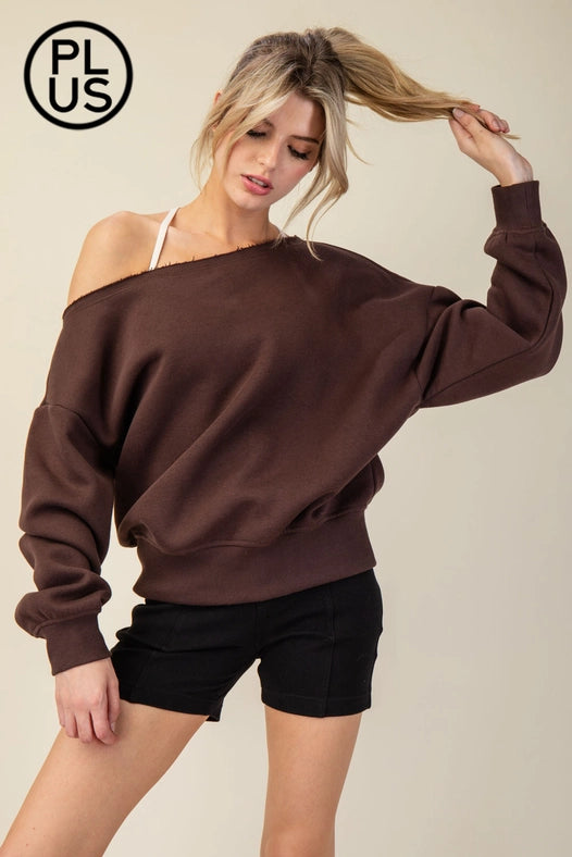 Plus Size French Terry Fleece Off Shoulder Sweatshirt Espresso-Sweatshirt-Rae Mode-1X-Urbanheer
