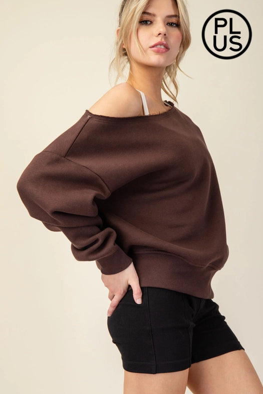 Plus Size French Terry Fleece Off Shoulder Sweatshirt Espresso-Sweatshirt-Rae Mode-1X-Urbanheer