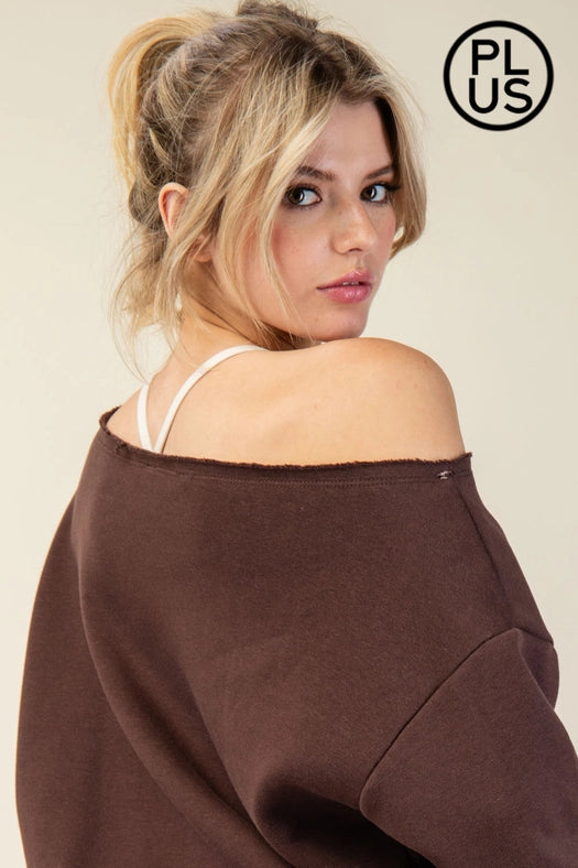 Plus Size French Terry Fleece Off Shoulder Sweatshirt Espresso-Sweatshirt-Rae Mode-1X-Urbanheer