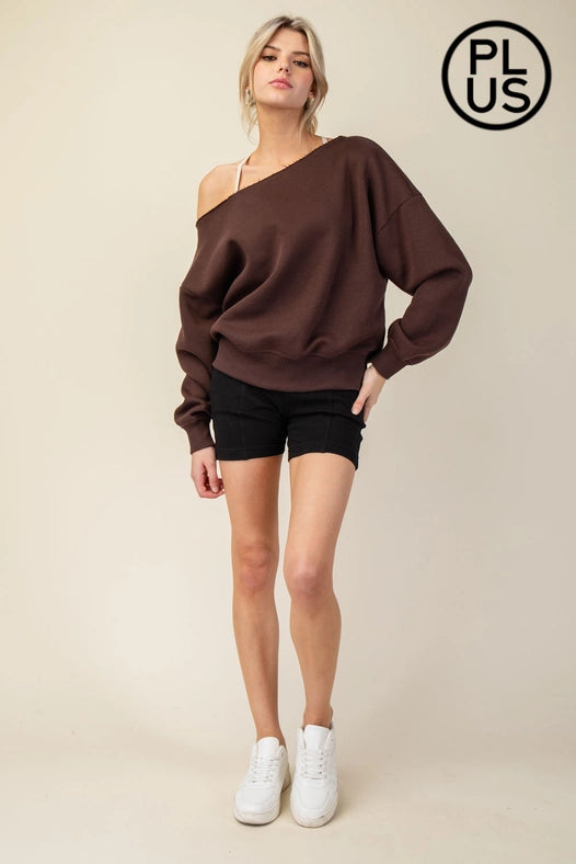 Plus Size French Terry Fleece Off Shoulder Sweatshirt Espresso-Sweatshirt-Rae Mode-1X-Urbanheer