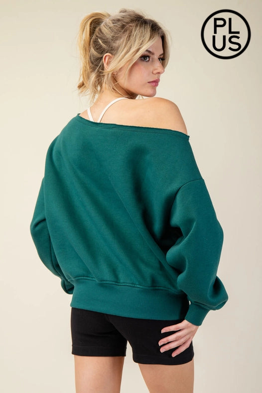 Plus Size French Terry Fleece Off Shoulder Sweatshirt Hunter Green-Sweatshirt-Rae Mode-1X-Urbanheer
