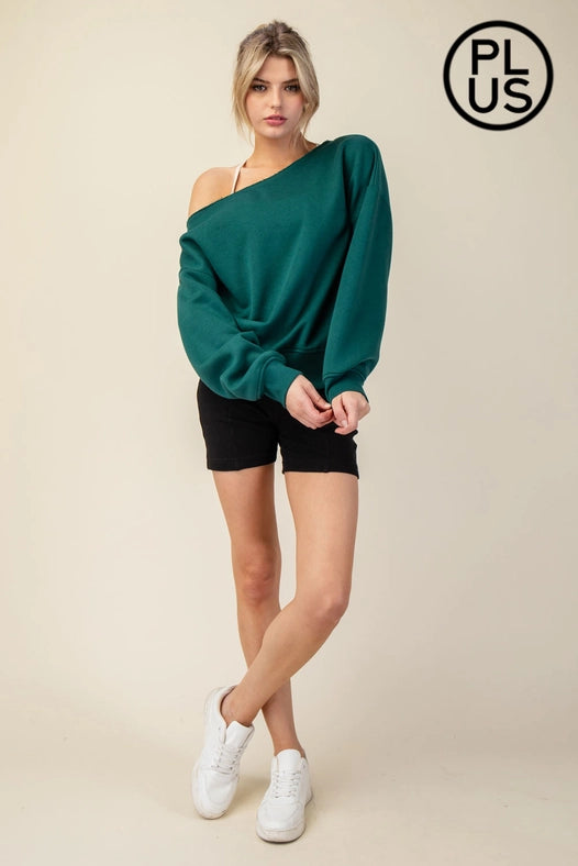 Plus Size French Terry Fleece Off Shoulder Sweatshirt Hunter Green-Sweatshirt-Rae Mode-1X-Urbanheer