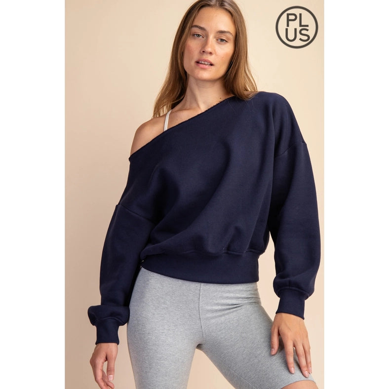Plus Size French Terry Fleece Off Shoulder Sweatshirt Navy-Sweatshirt-Rae Mode-1X-Urbanheer