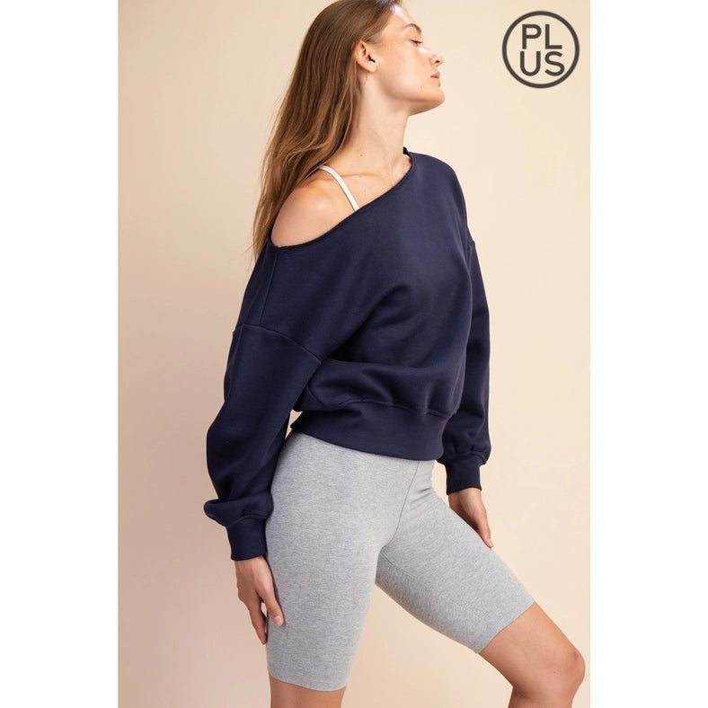 Plus Size French Terry Fleece Off Shoulder Sweatshirt Navy-Sweatshirt-Rae Mode-1X-Urbanheer