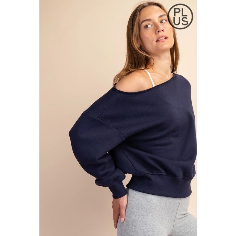 Plus Size French Terry Fleece Off Shoulder Sweatshirt Navy-Sweatshirt-Rae Mode-1X-Urbanheer