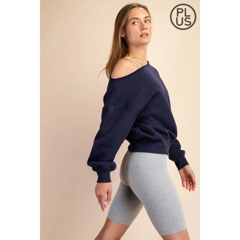 Plus Size French Terry Fleece Off Shoulder Sweatshirt Navy-Sweatshirt-Rae Mode-1X-Urbanheer