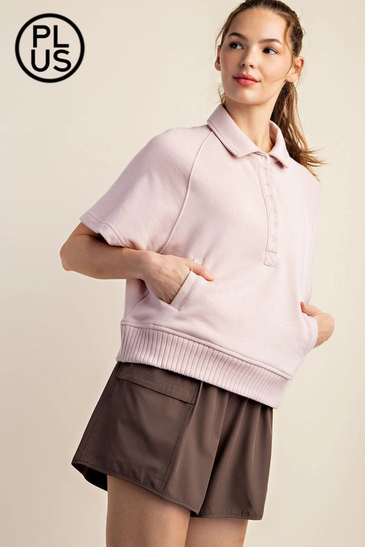 Plus Size French Terry Short Sleeve Top with Collar Baby Pink-TOP-Rae Mode-1X-Urbanheer