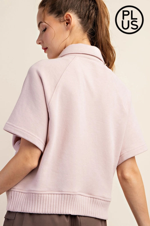 Plus Size French Terry Short Sleeve Top with Collar Baby Pink-TOP-Rae Mode-1X-Urbanheer