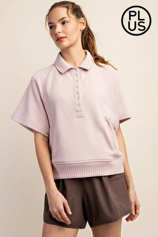 Plus Size French Terry Short Sleeve Top with Collar Baby Pink-TOP-Rae Mode-1X-Urbanheer