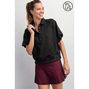 Plus Size French Terry Short Sleeve Top with Collar Black-TOP-Rae Mode-1X-Urbanheer