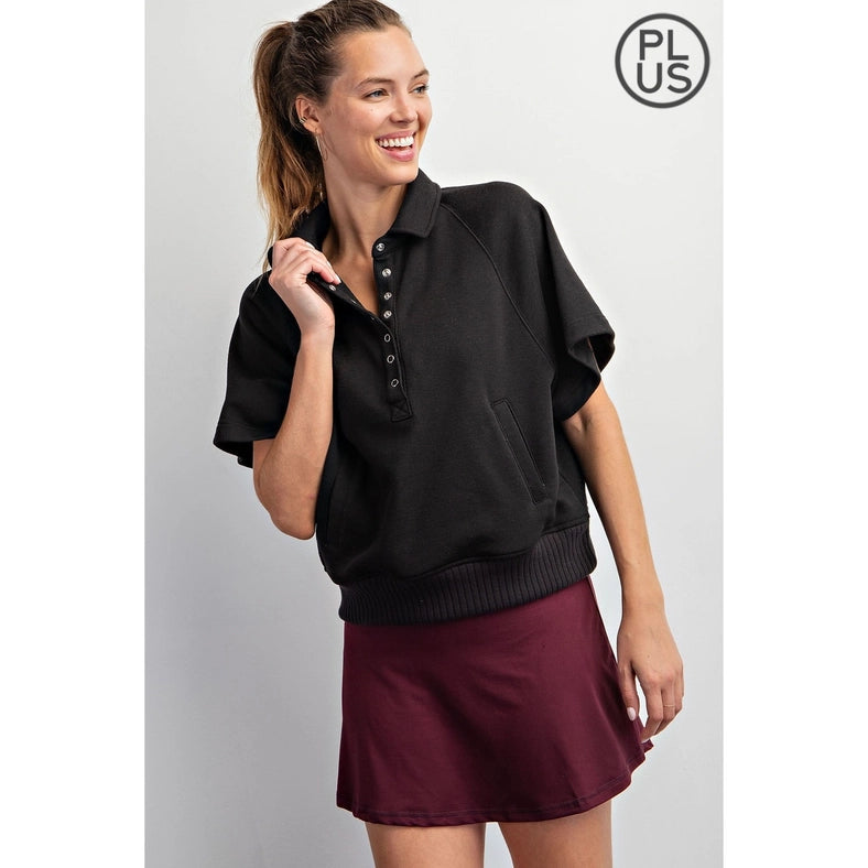 Plus Size French Terry Short Sleeve Top with Collar Black-TOP-Rae Mode-1X-Urbanheer