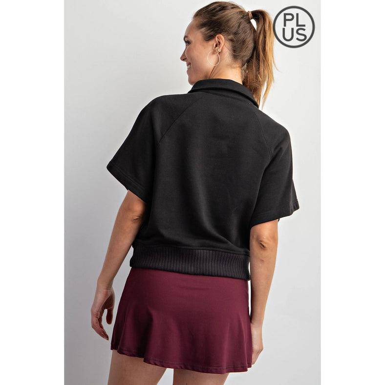 Plus Size French Terry Short Sleeve Top with Collar Black-TOP-Rae Mode-1X-Urbanheer