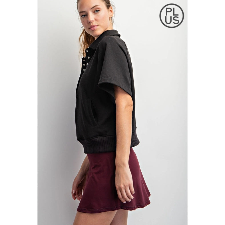 Plus Size French Terry Short Sleeve Top with Collar Black-TOP-Rae Mode-1X-Urbanheer