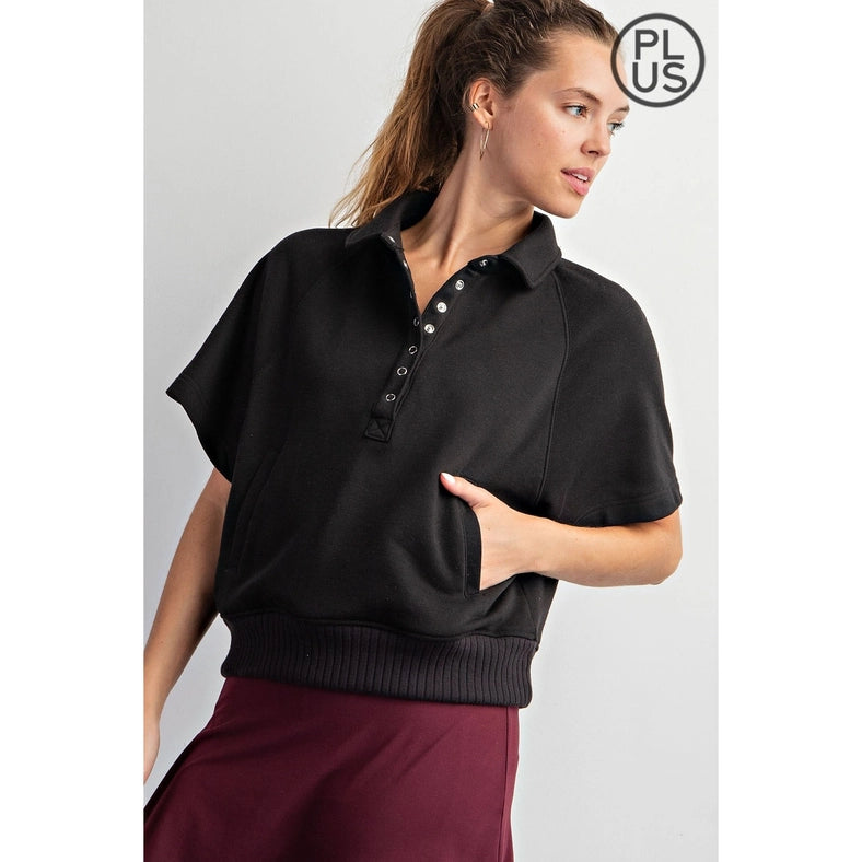 Plus Size French Terry Short Sleeve Top with Collar Black-TOP-Rae Mode-1X-Urbanheer